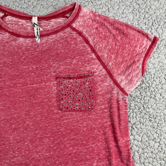 Seven7 Studded Burnout Shirt Womens Large Red Sheer Short Sleeve Pocket Tee - Picture 3 of 7